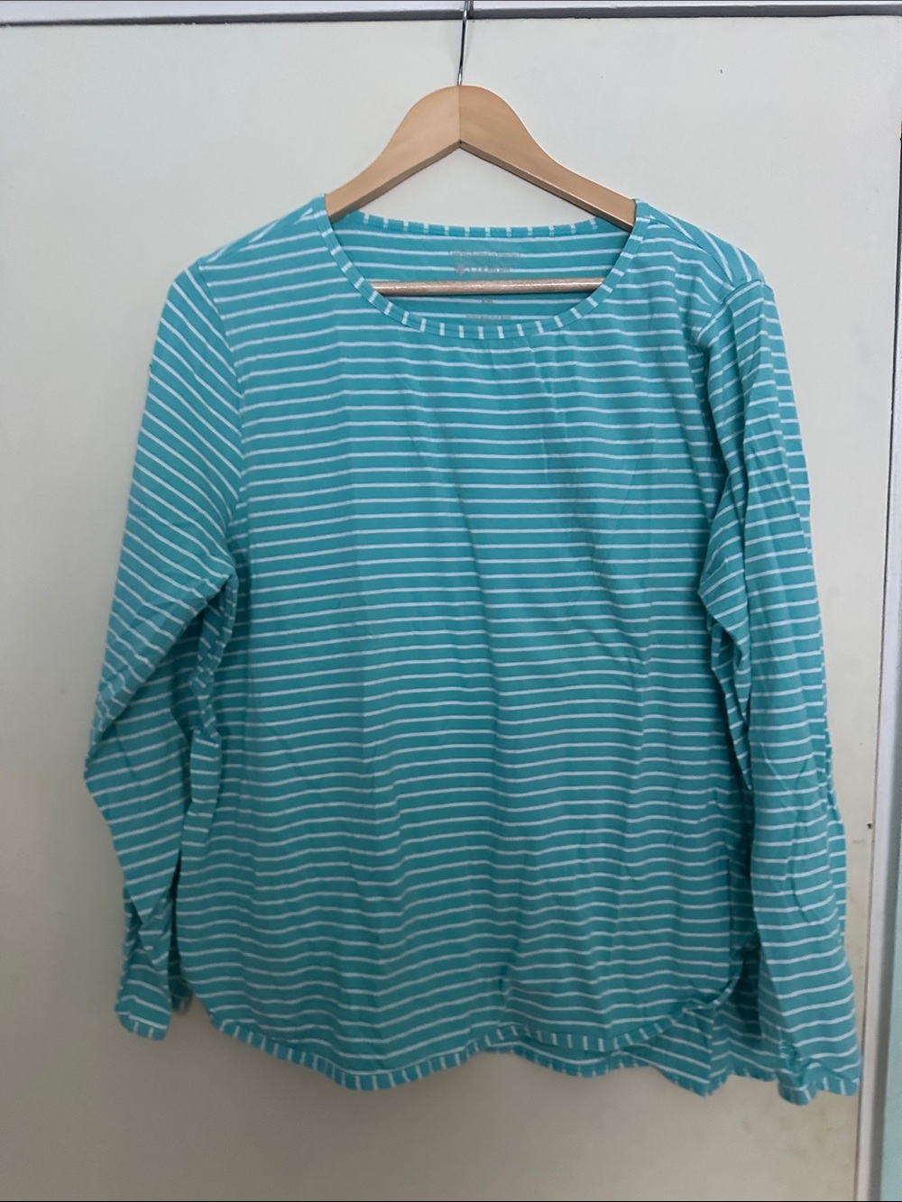 Coolibar Turquoise and White Striped Long Sleeve Sun Shirt